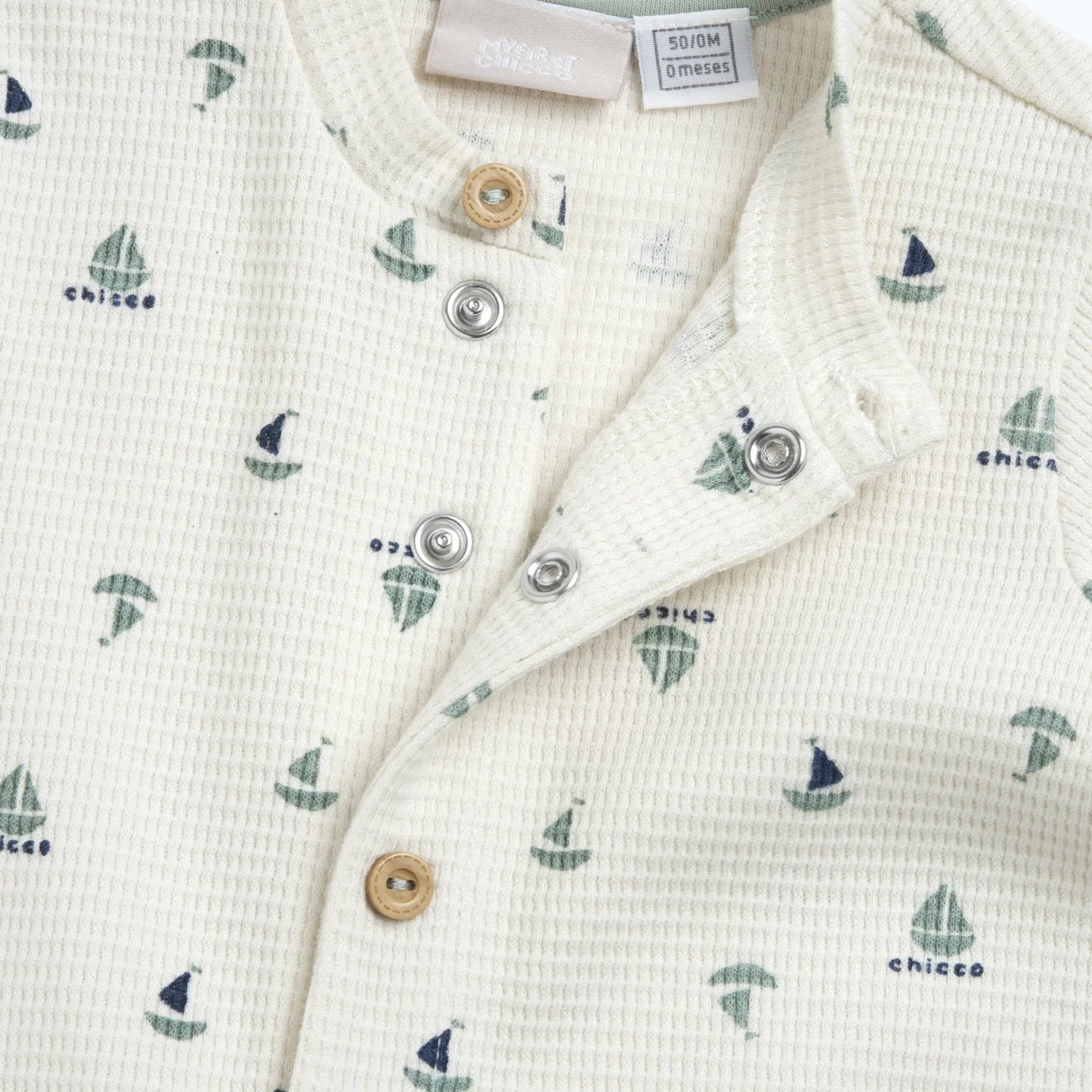 Boys White and Green Printed Front Opening Babysuit