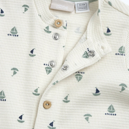 Boys White and Green Printed Front Opening Babysuit