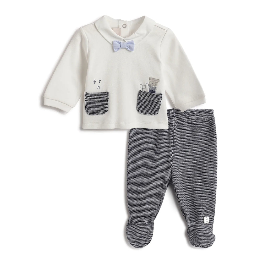 Boys White &amp; Grey Embroidered Smock With Leggings