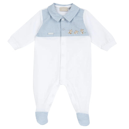 Boys White and Light Blue Checked Front Opening Babysuit