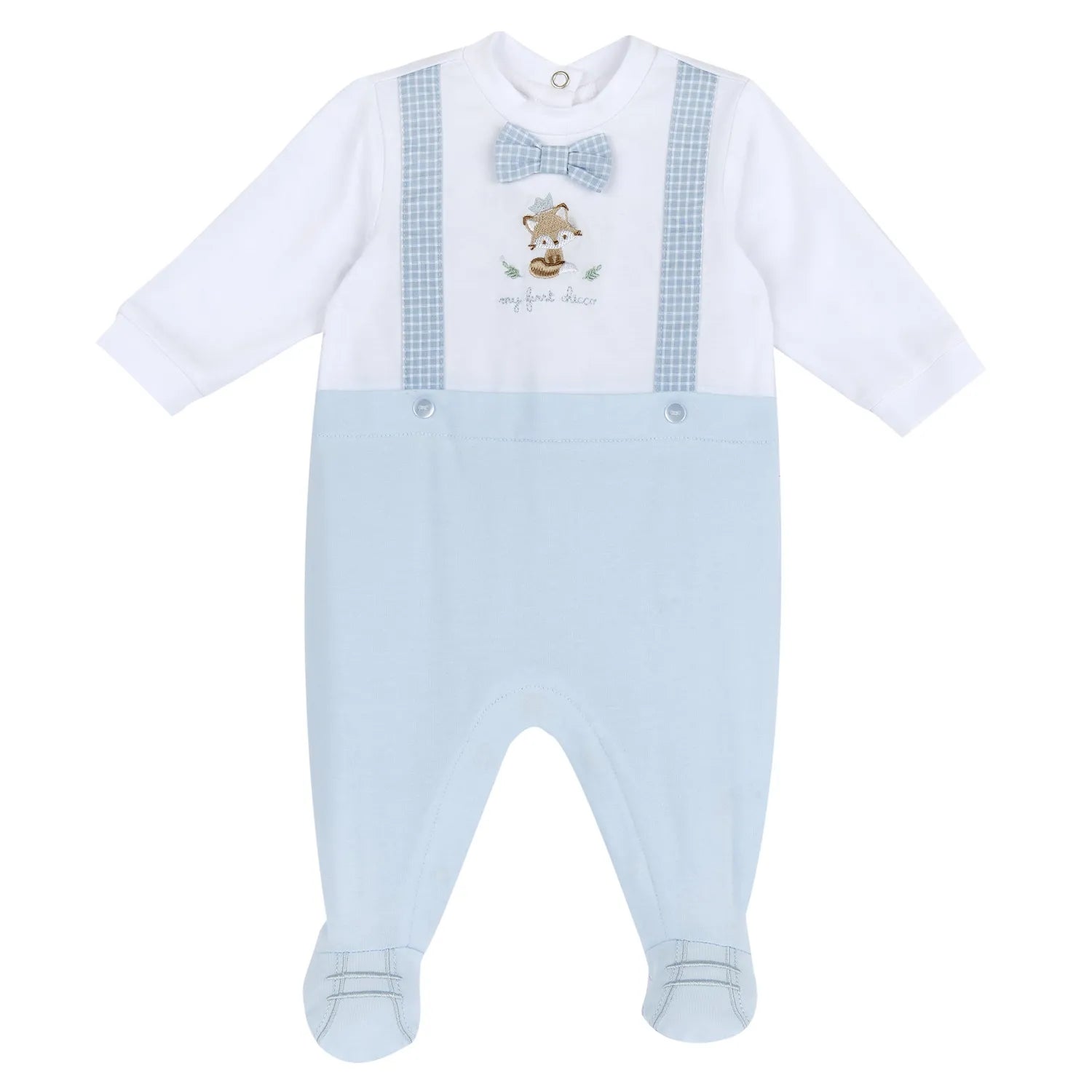 Boys White and Light Blue Embroidered Leg Opening Babysuit