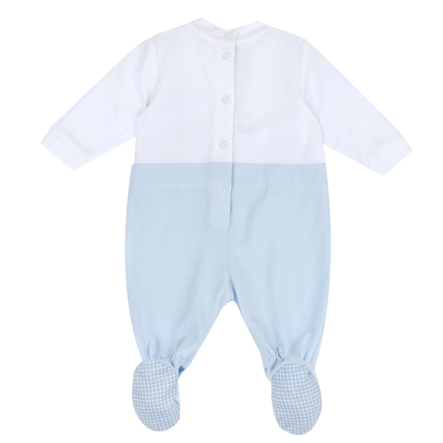 Boys White and Light Blue Embroidered Leg Opening Babysuit