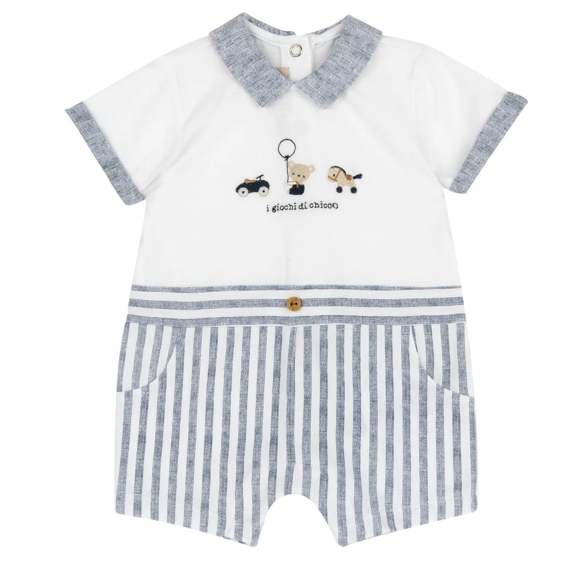 Boys White and Light Blue Embroidered Romper