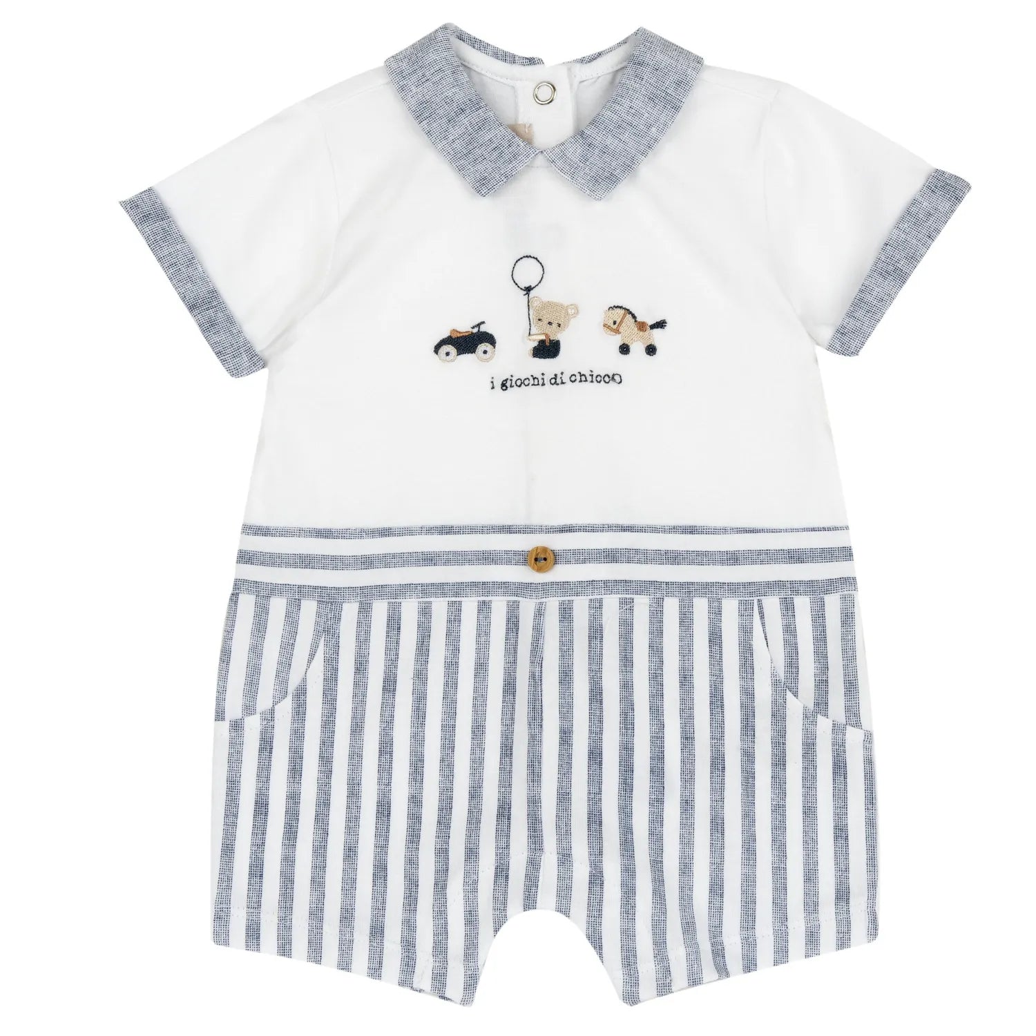 Boys White and Light Blue Embroidered Romper