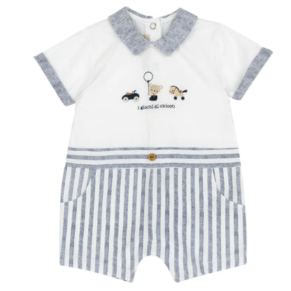 Boys White and Light Blue Embroidered Romper