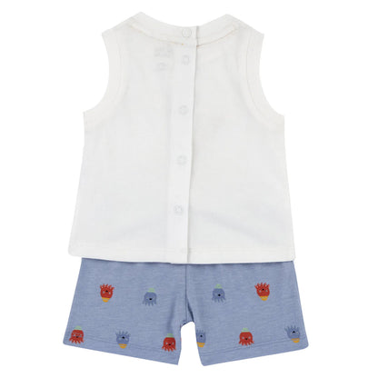 Boys White and Light Blue Graphic Printed T-Shirt with Shorts