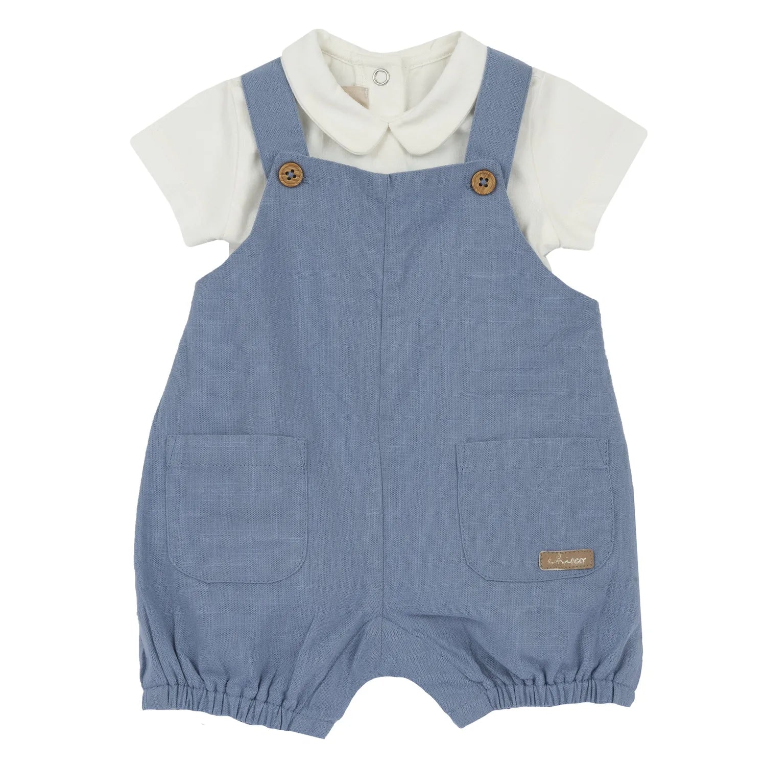 Boys White and Light Blue Solid Bodysuit with Dungaree