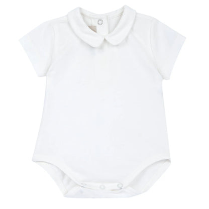 Boys White and Light Blue Solid Bodysuit with Dungaree