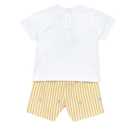 Boys White and Light Yellow Printed T-Shirt with Shorts