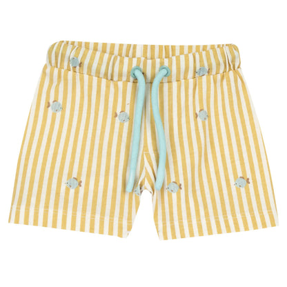 Boys White and Light Yellow Printed T-Shirt with Shorts