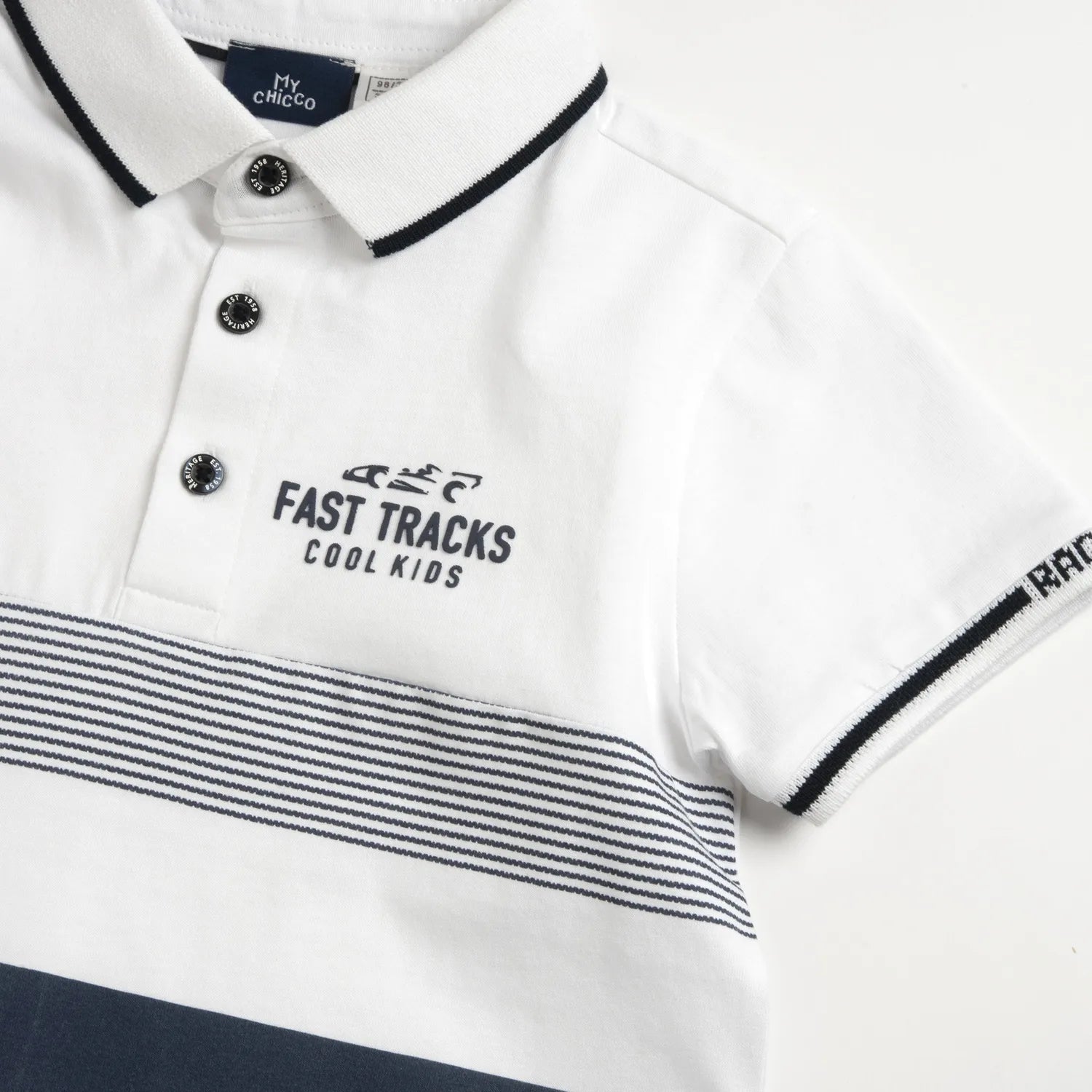 Boys White and Navy Blue Colorblocked Polo T-shirt