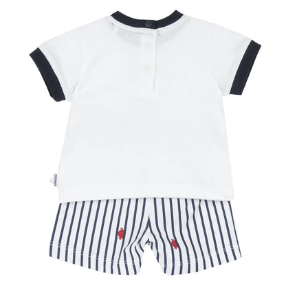 Boys White and Navy Blue Printed T-Shirt with Shorts