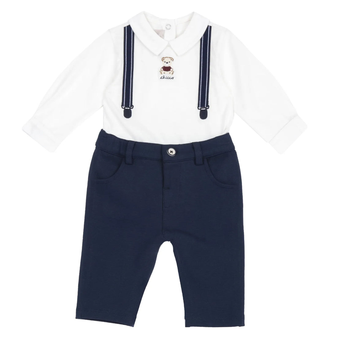 Boys White &amp; Navy Embroidered Bodysuit with Trouser