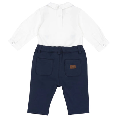 Boys White &amp; Navy Embroidered Bodysuit with Trouser