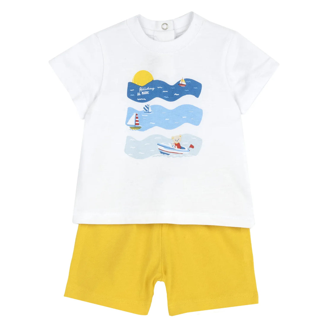 Boys White and Yellow Printed T-Shirt with Shorts