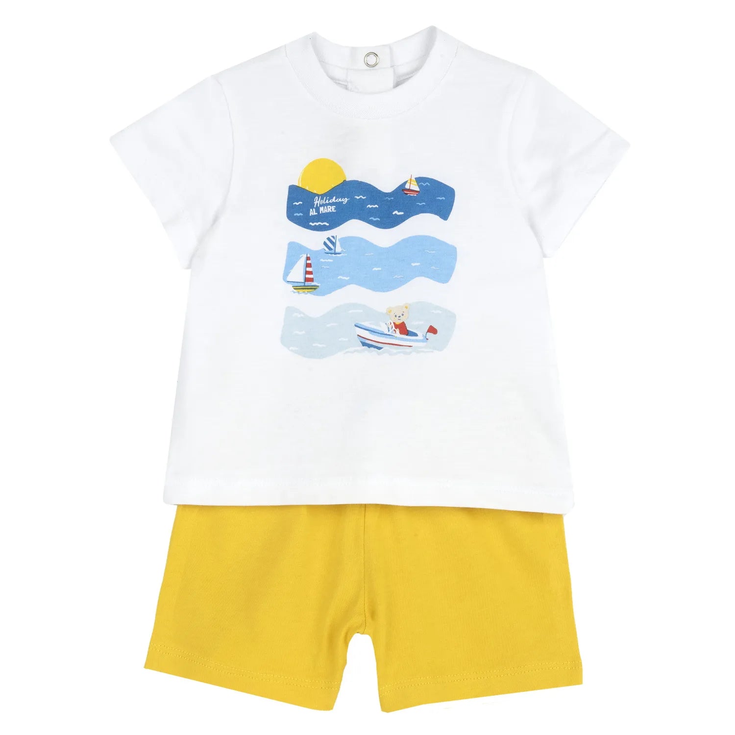 Boys White and Yellow Printed T-Shirt with Shorts