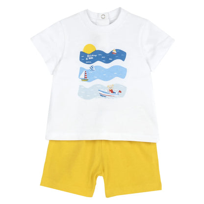 Boys White and Yellow Printed T-Shirt with Shorts
