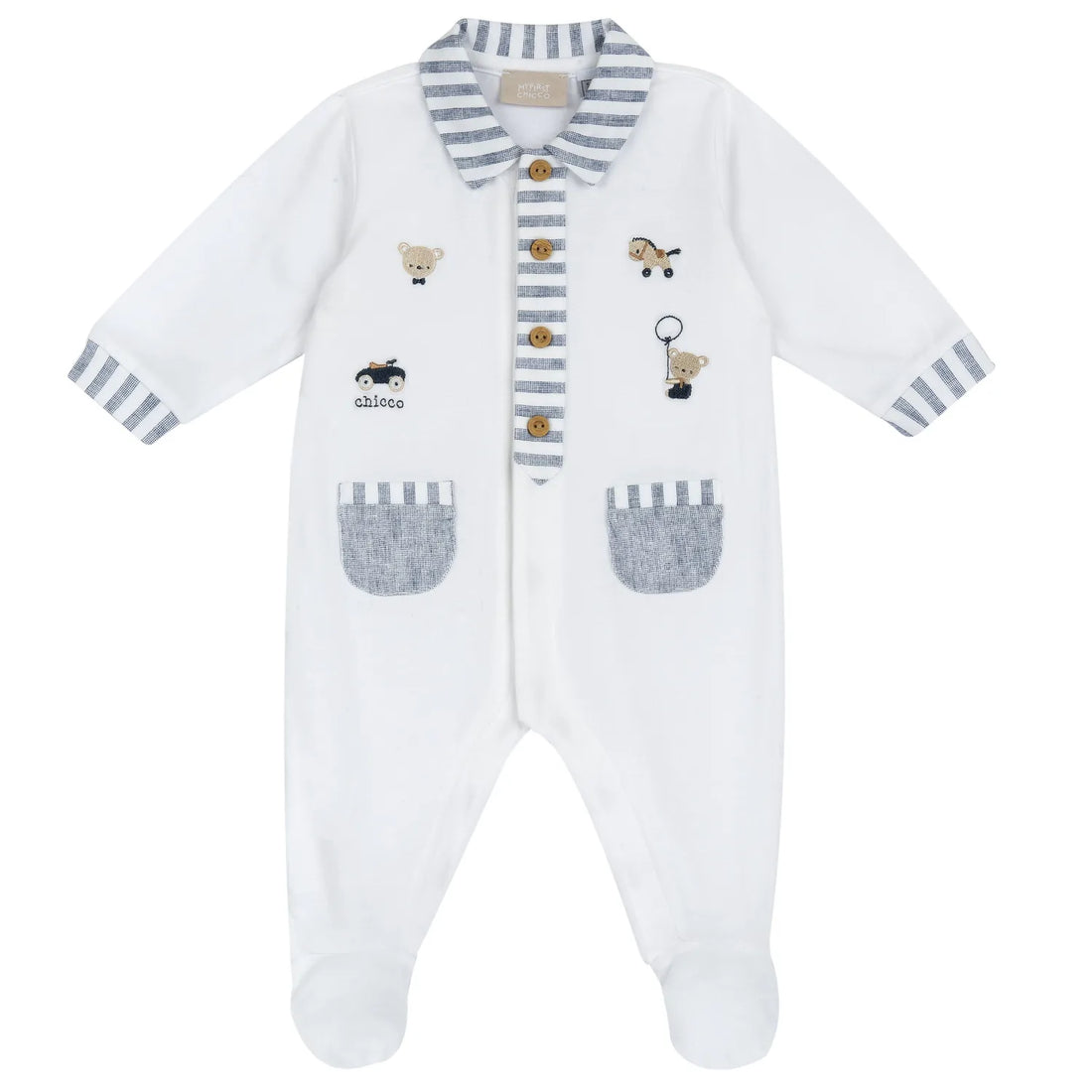 Boys White Applique Front Opening Babysuit