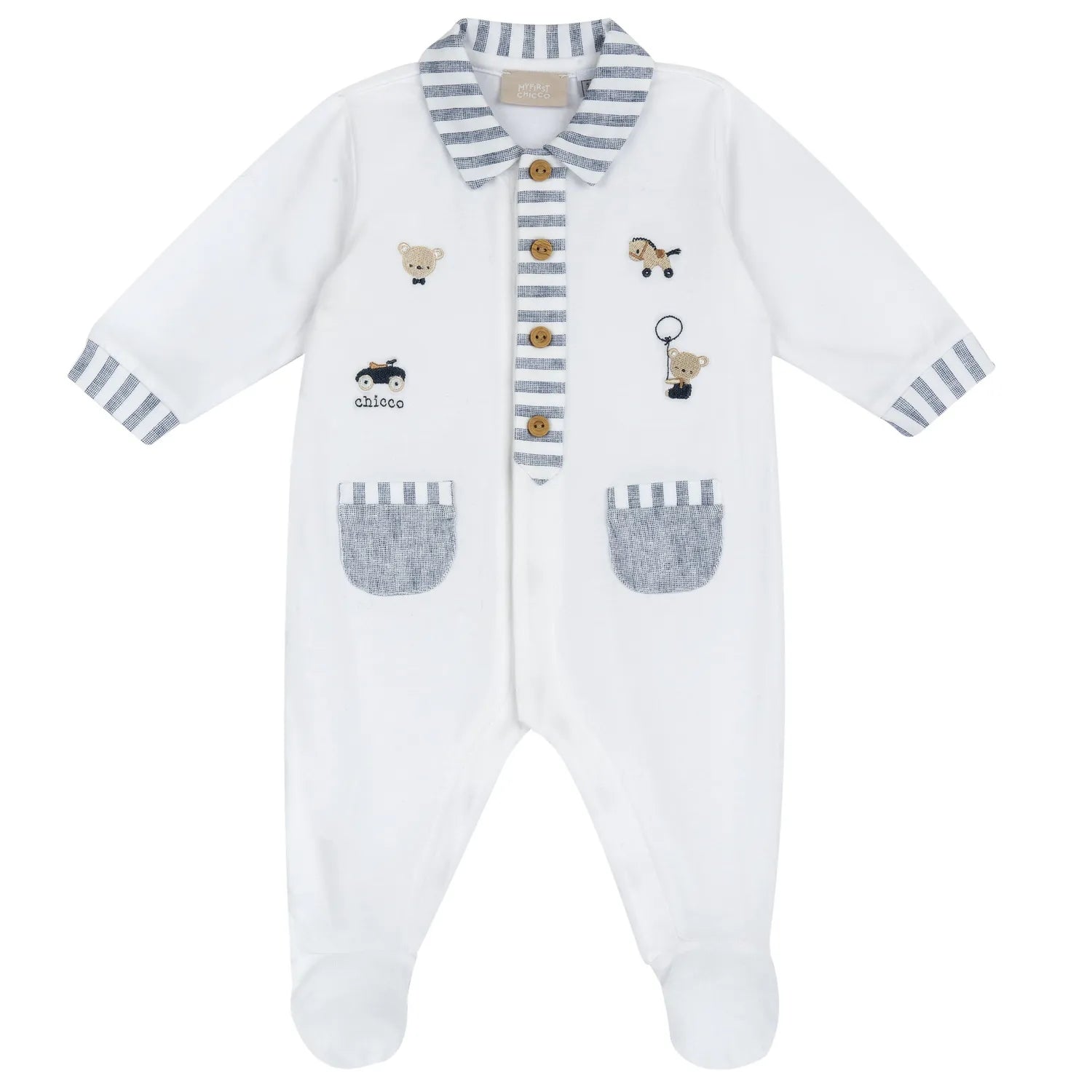 Boys White Applique Front Opening Babysuit