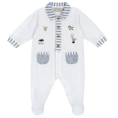 Boys White Applique Front Opening Babysuit