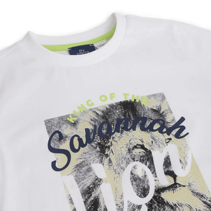 Boys White Printed Cotton T-shirt
