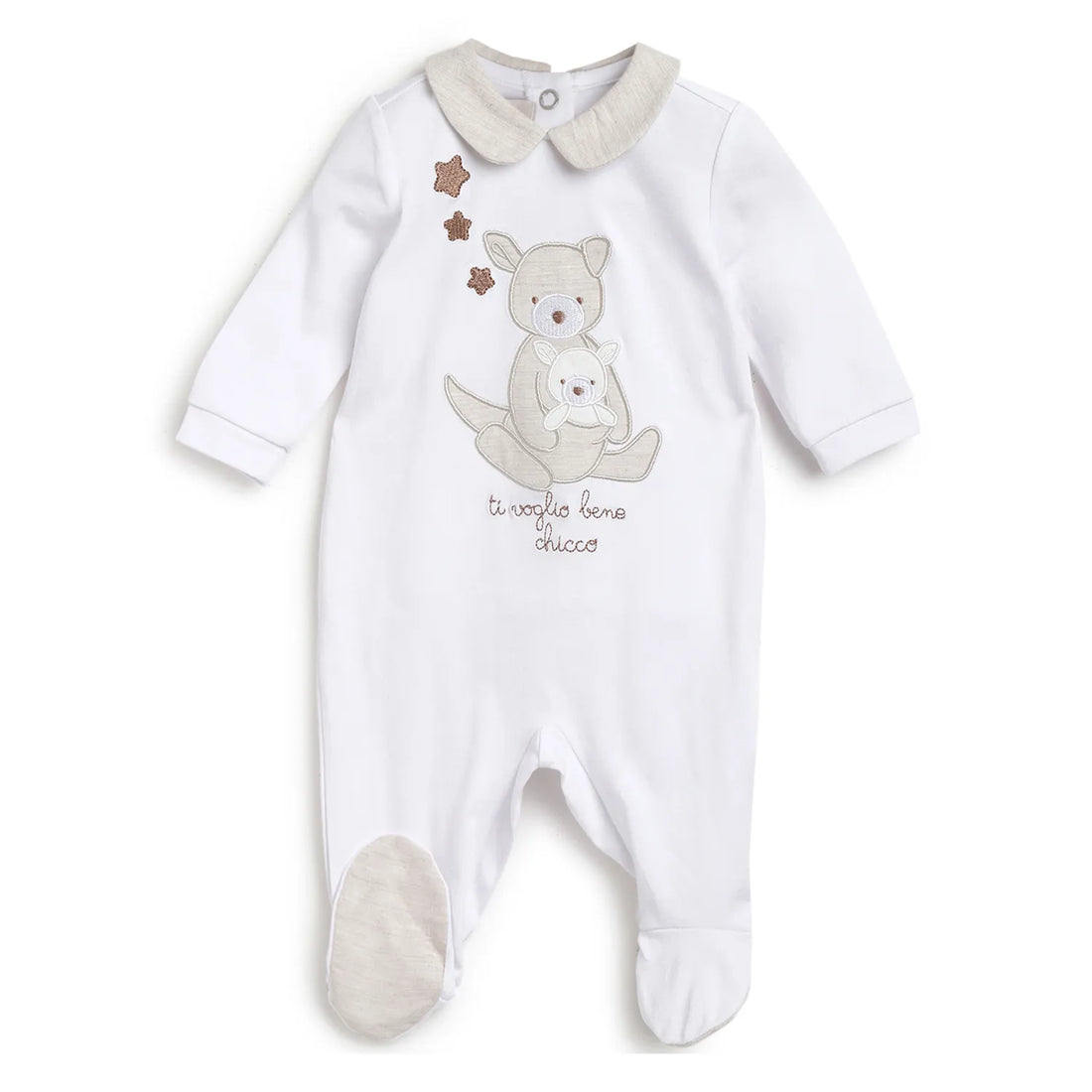 Boys White Printed Nappy Opening Babysuit