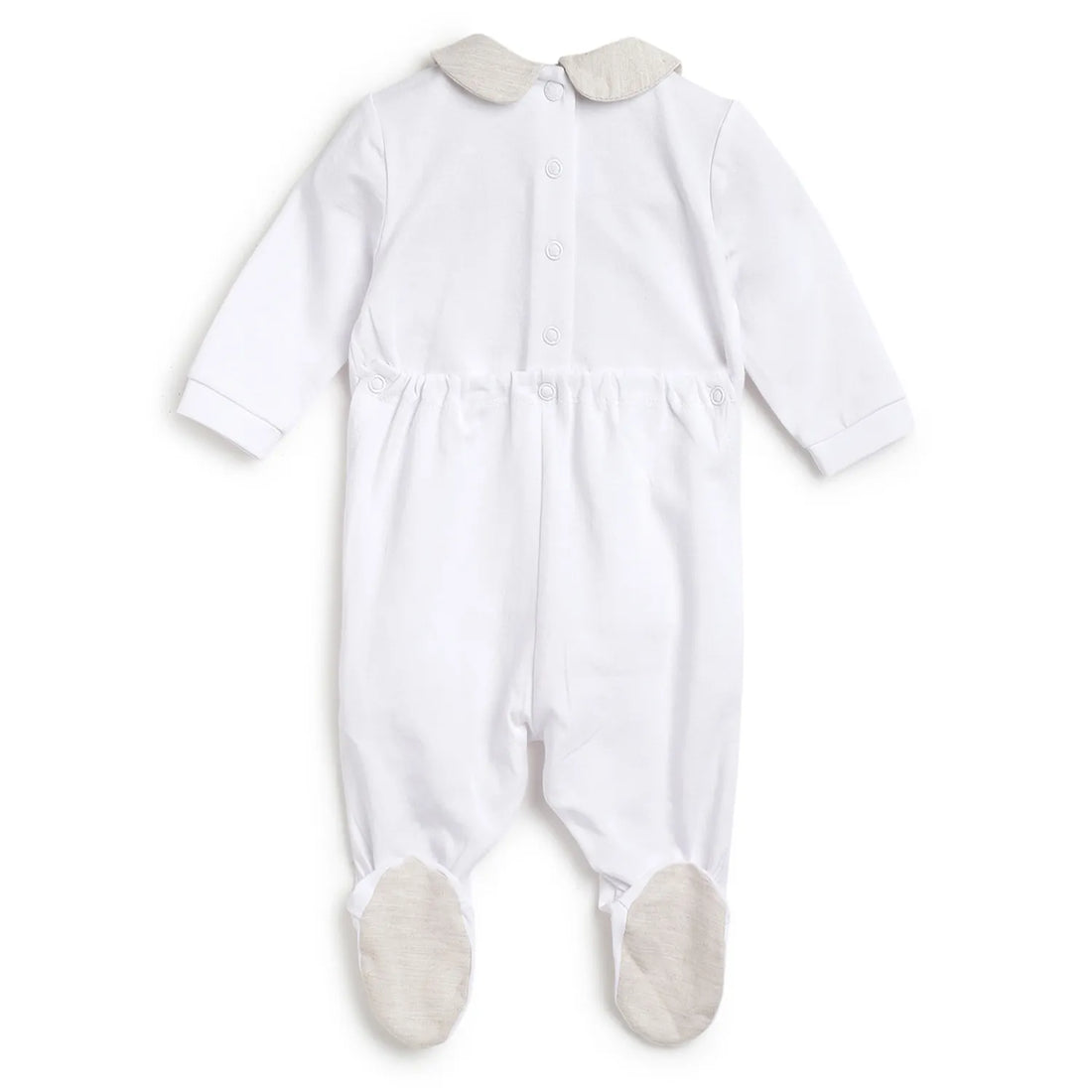 Boys White Printed Nappy Opening Babysuit