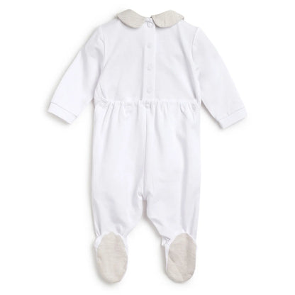 Boys White Printed Nappy Opening Babysuit