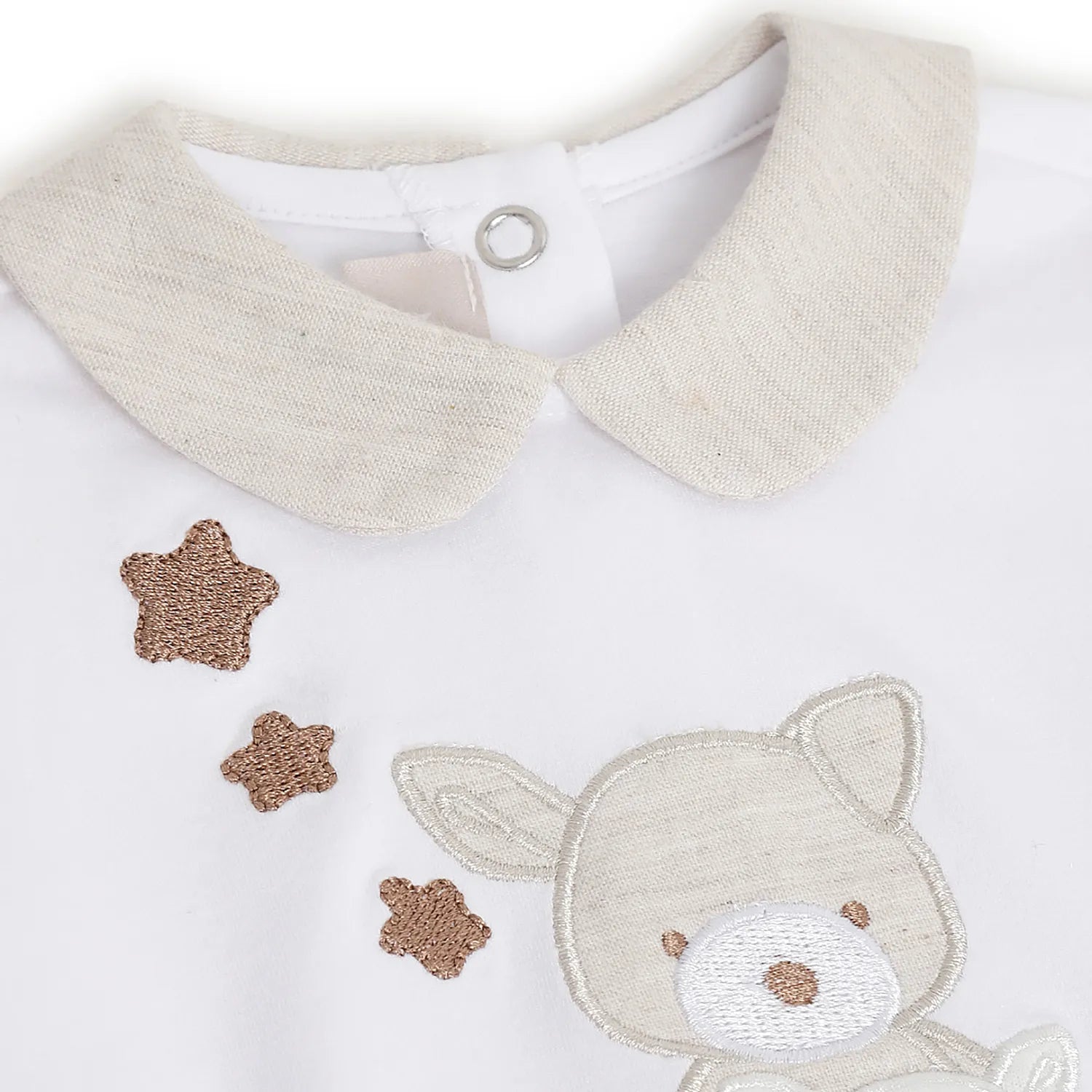 Boys White Printed Nappy Opening Babysuit