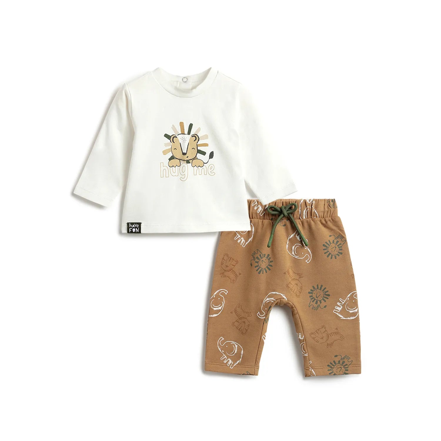 Boys White Printed T-Shirt with Brown Trousers