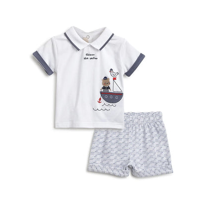 Boys White Printed T-Shirt With Shorts