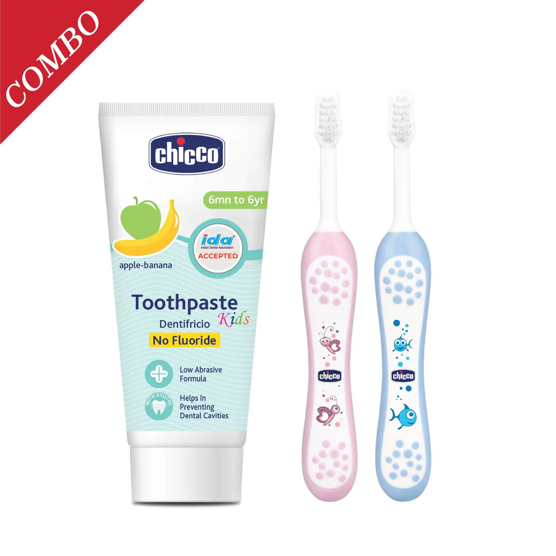 Combo Applebanana Toothpaste  6M to 6Y 50 g &amp; Toothbrush Pink 6M to 36M &amp; Toothbrush Blue 6M to 36M