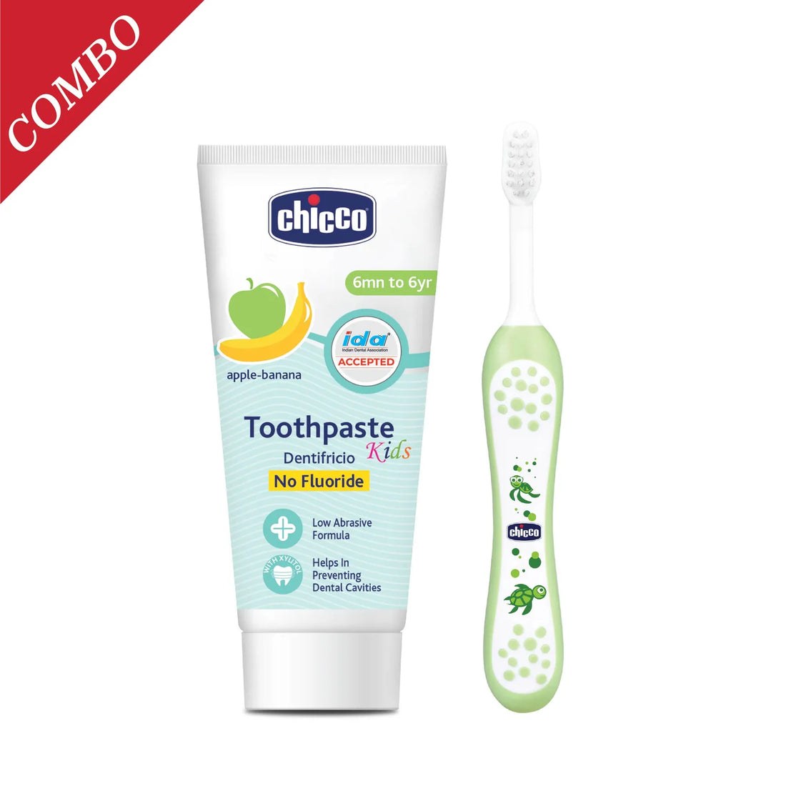 Combo Applebanana Toothpaste  6M to 6Y 50 g &amp; Toothbrush Green 6M to 36M