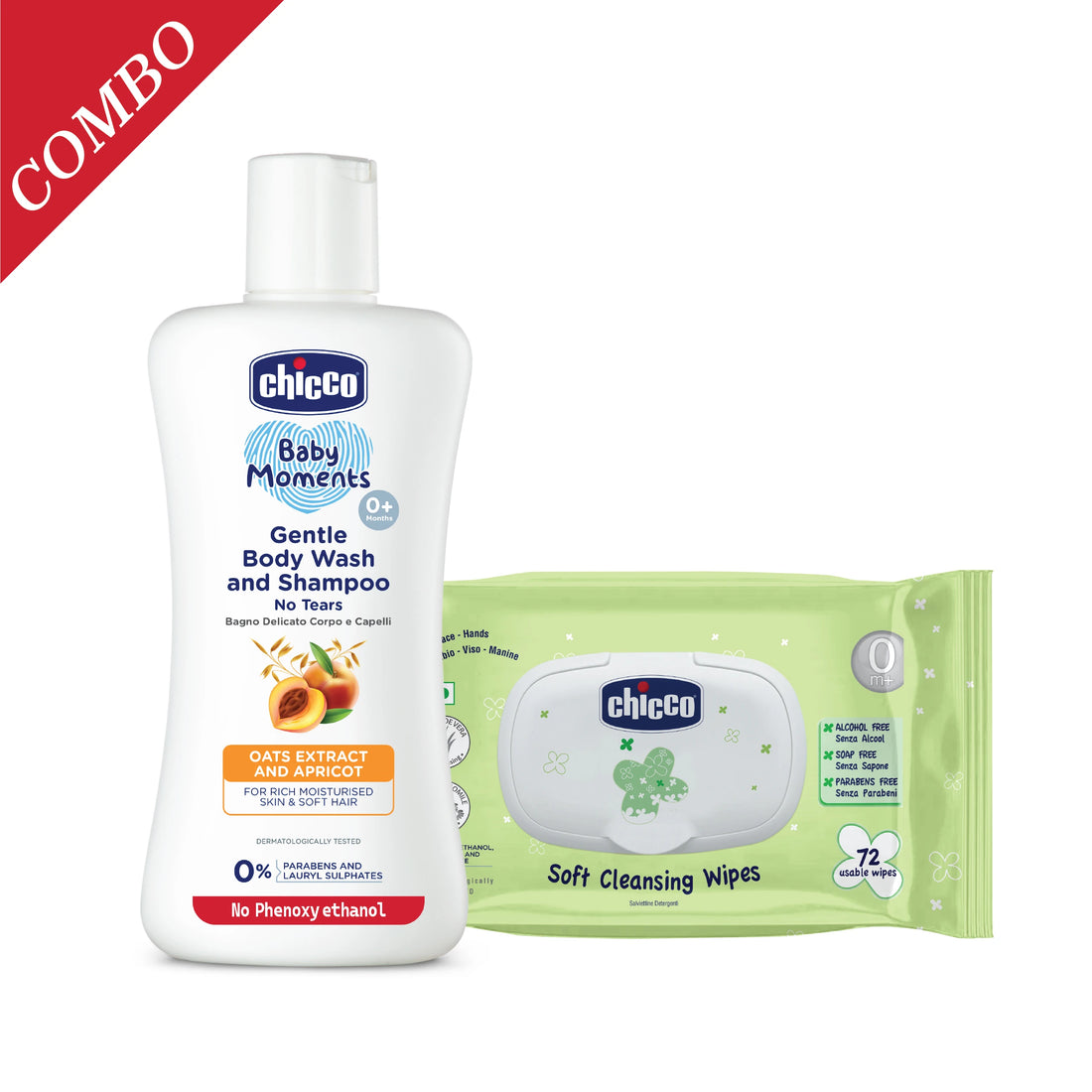 Combo Baby Moments Gentle Body wash &amp; Shampoo 200ml &amp; Soft Cleansing Wipes Fliptop Pack of 1 72 Pcs