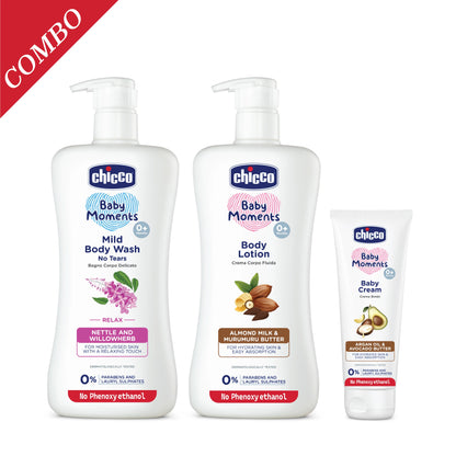 Combo Baby Moments Mild Bodywash Relax 500 ml &amp; Baby Moments Body Lotion 500 ml &amp; Baby Cream 100 g