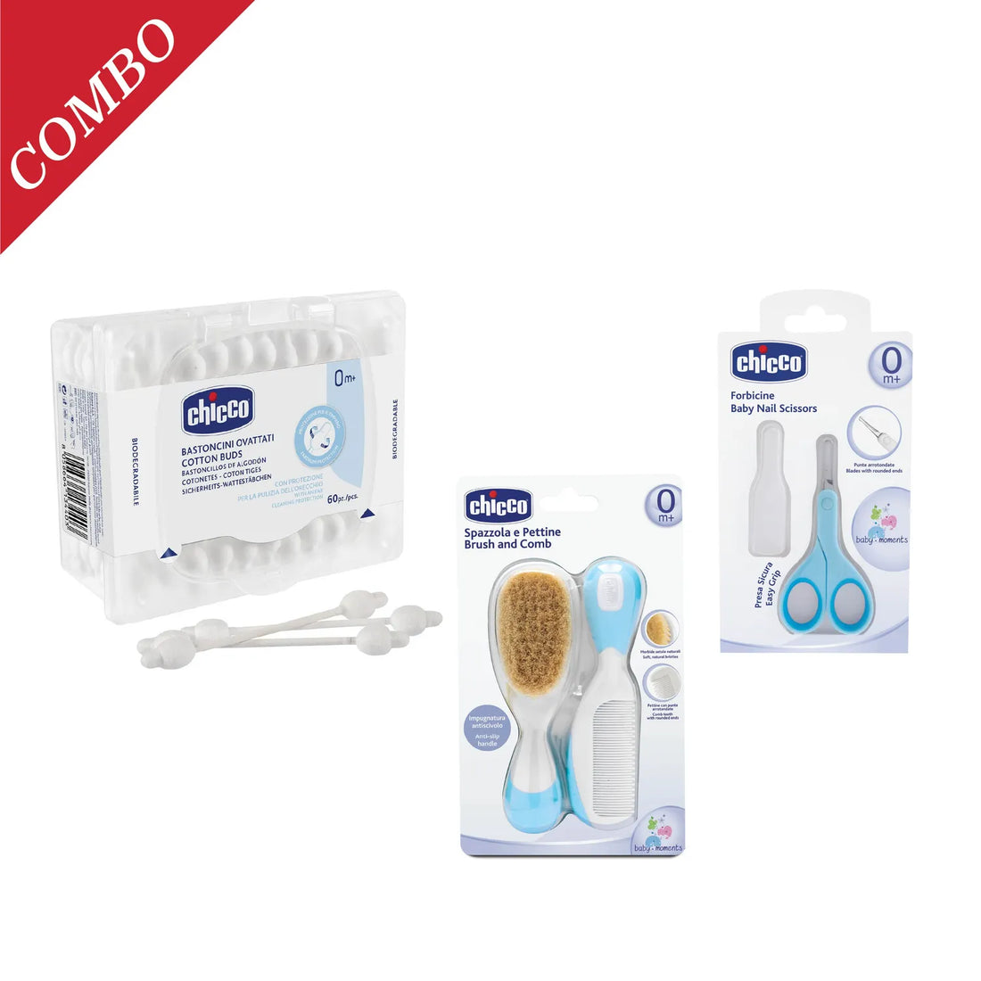 Combo Cotton Buds 60Pcs &amp; Brush And Comb Blue &amp; Baby Nail Scissors Blue