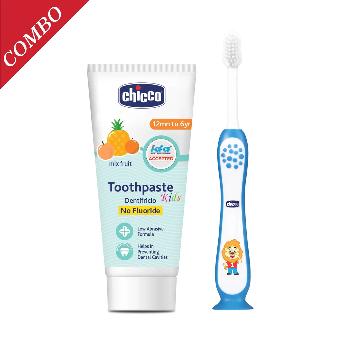 Combo Mixed Fruit Toothpaste 12M to 6Y 50 g &amp; Toothbrush Blue 3Y to 8Y