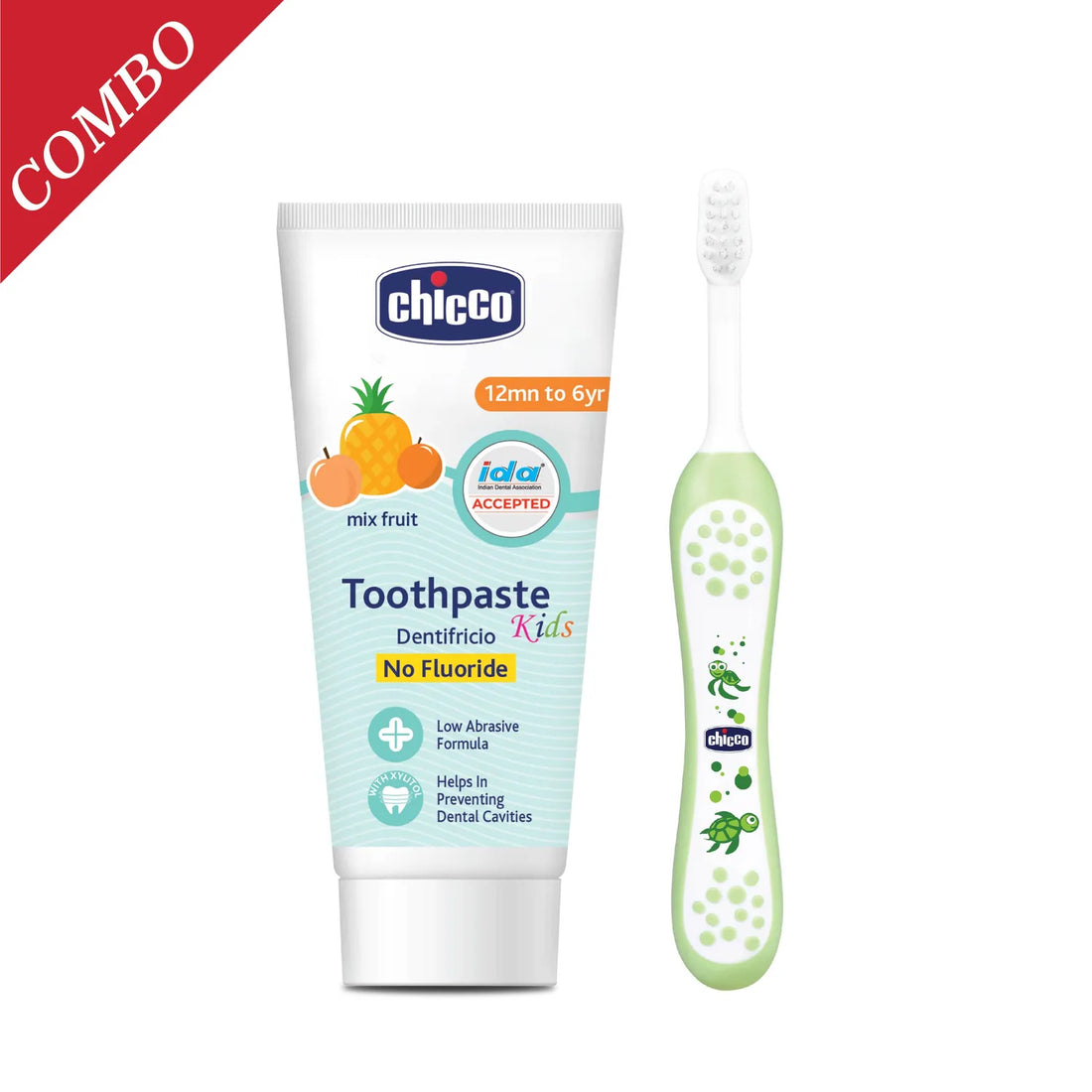 Combo Mixed Fruit Toothpaste 12M to 6Y 50 g &amp; Toothbrush Green 6M to 36M