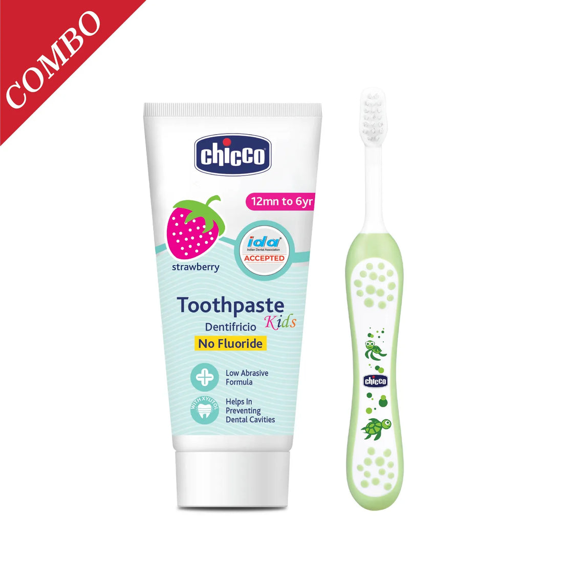 Combo Strawberry Toothpaste 12M to 6Y 50 g &amp; Toothbrush Green 6M to 36M