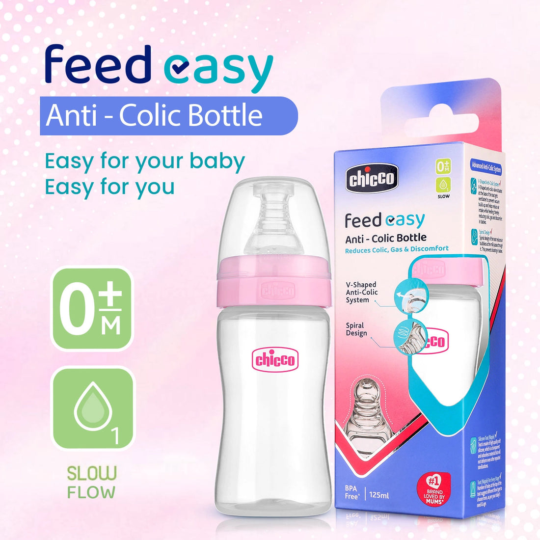Feed Easy Baby Bottle 125ml Slow Flow 0M+ Pink