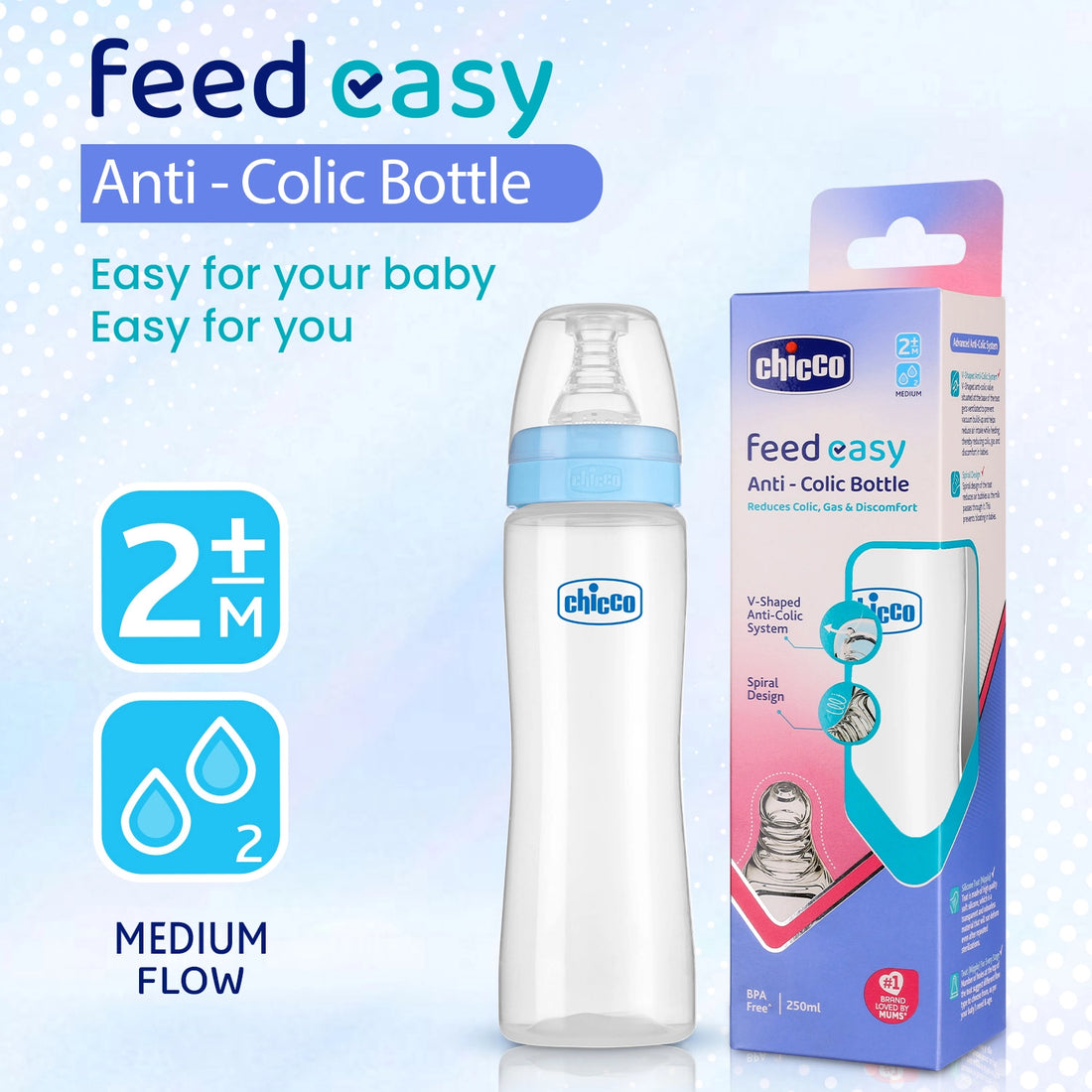 Feed Easy Baby Bottle 250ml Blue Medium 2M+