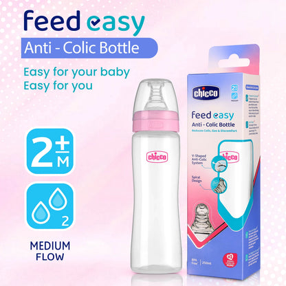 Feed Easy Baby Bottle 250ml Pink Medium 2M+