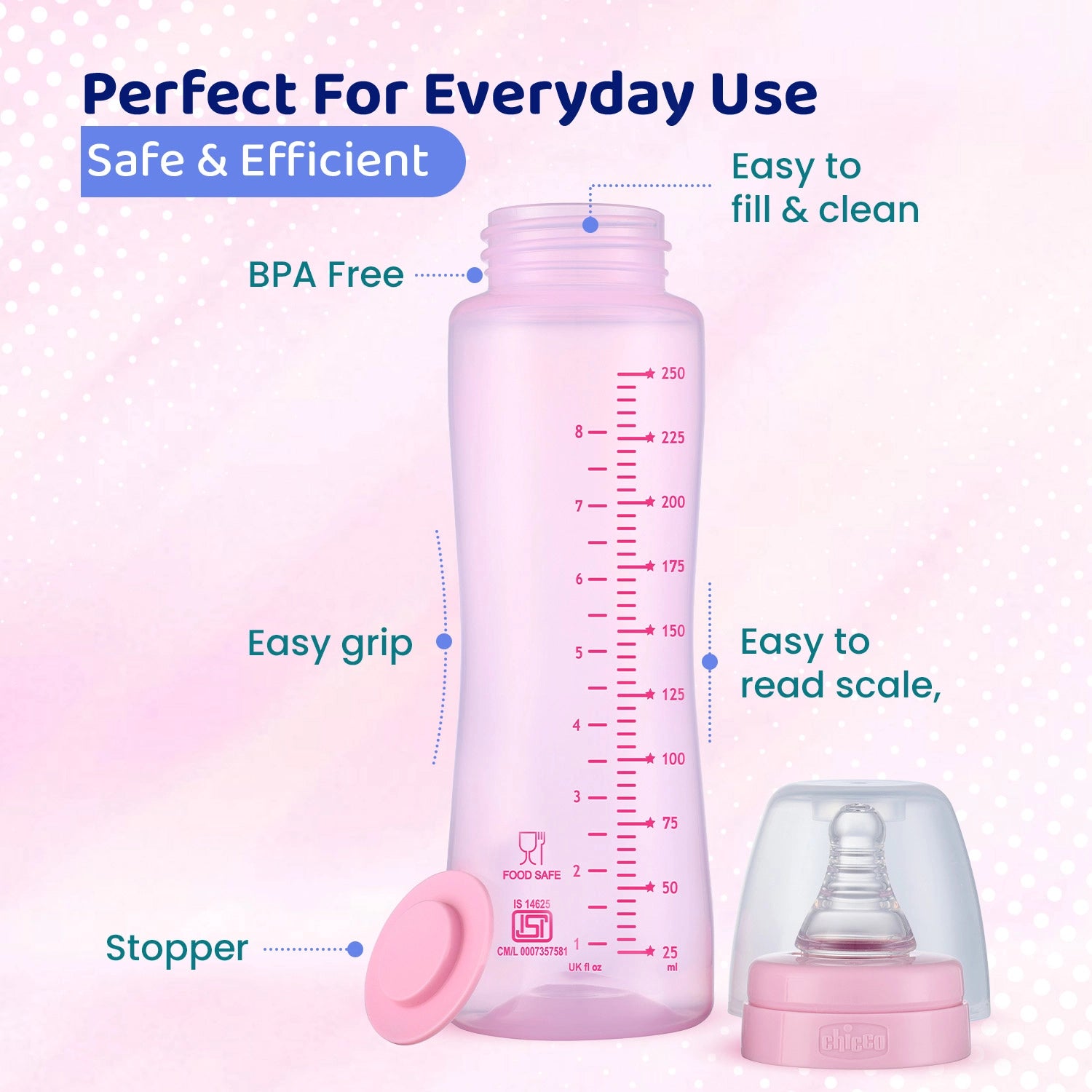 Feed Easy Baby Colored Bottle 250 ml Medium Flow 2M+Pink