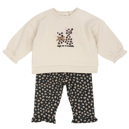 Girls Beige &amp; Grey Applique Sweatshirt with Leggings