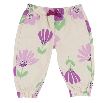 Girls Beige and Purple Floral Printed Joggers