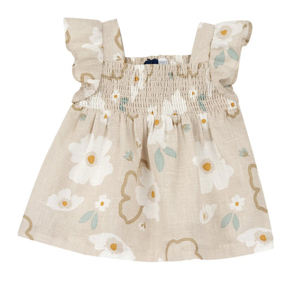 Girls Beige Floral Printed Dress