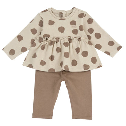 Girls Beige Polka Dot Printed T-shirt with Legging