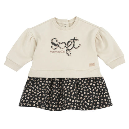 Girls Beige Printed Fleece Long Sleeve Dress
