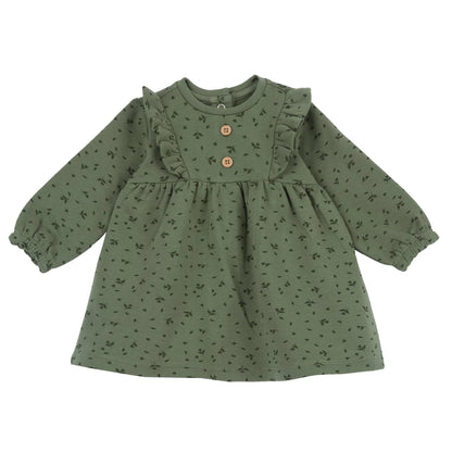 Girls Dark Green Self Design Long Sleeve Dress