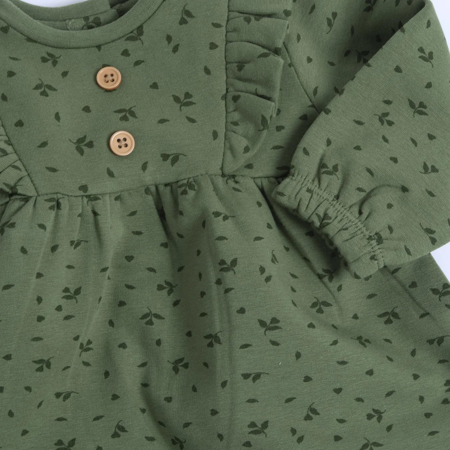 Girls Dark Green Self Design Long Sleeve Dress